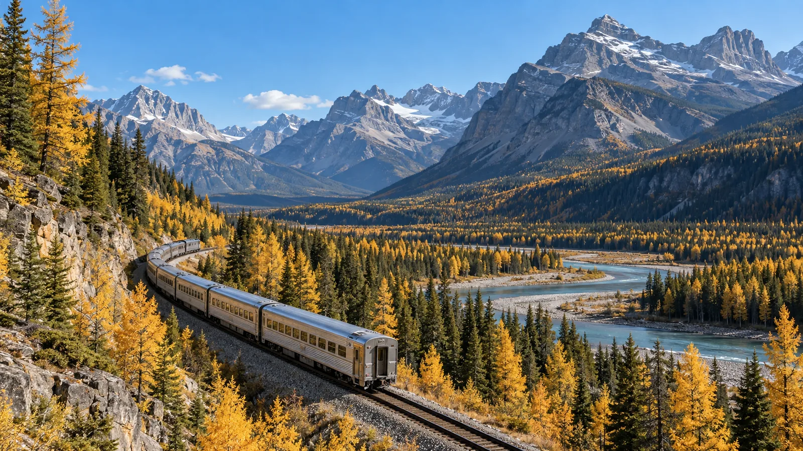The same kind of mountain rail line in early autumn, golden larch trees mixed with dark evergreens against snow-capped peaks