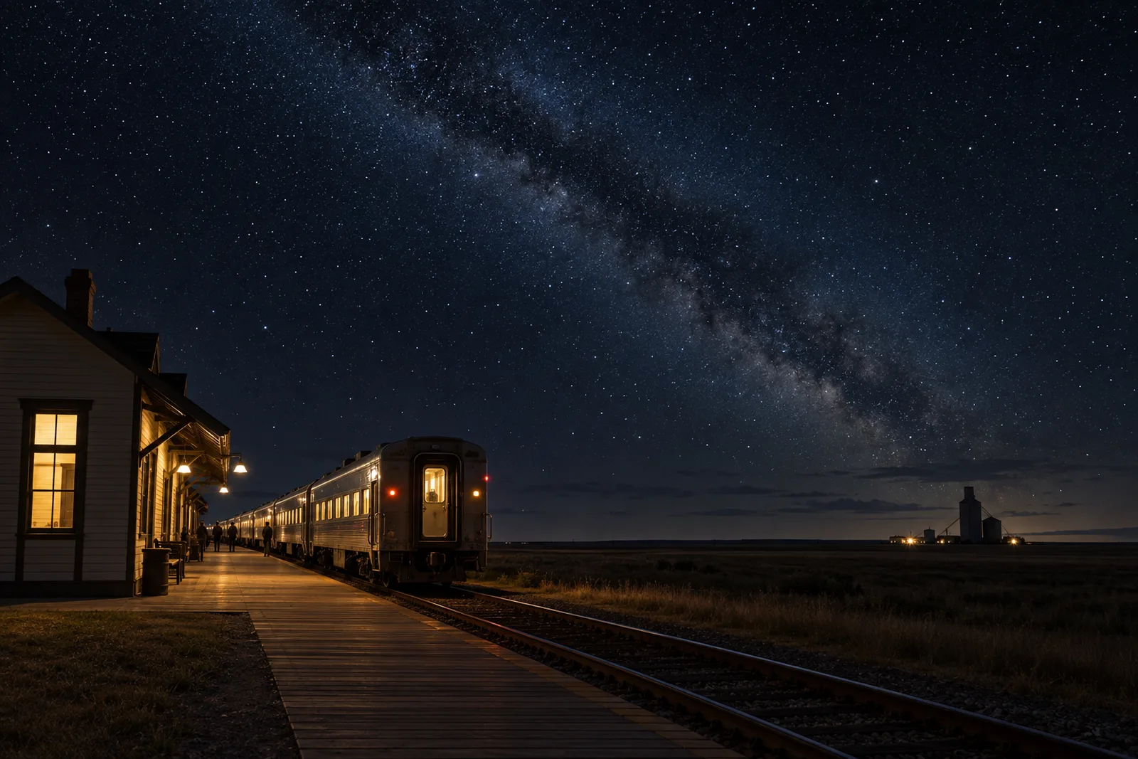 A VIA Rail train stopped at a small prairie station under a wide night sky, grain elevator silhouette in the distance