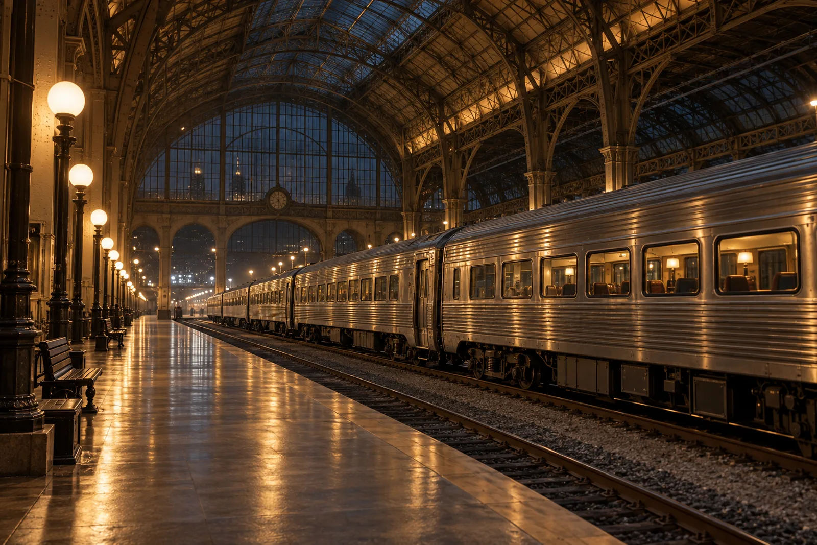 The Canadian at Winnipeg Union Station's train shed at night, the route's halfway-point layover stop