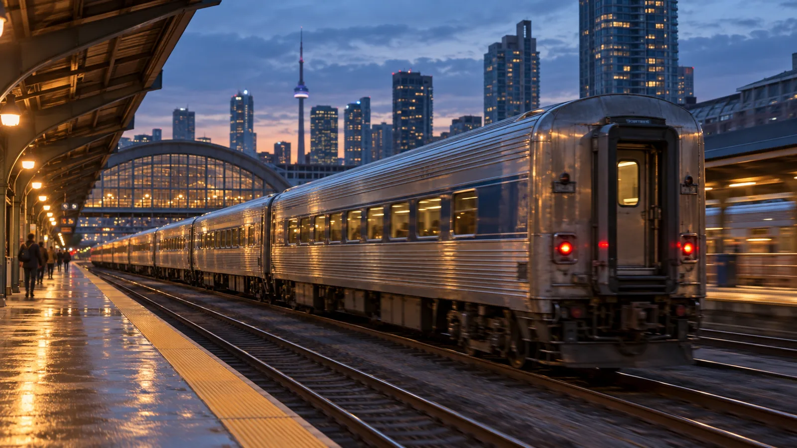 A stainless-steel VIA Rail passenger train departing a city station platform at dusk