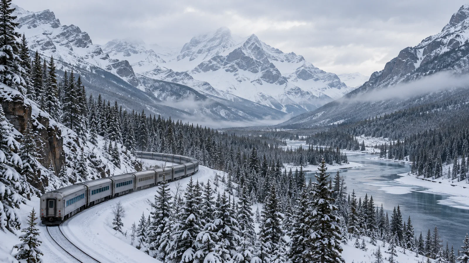 A silver passenger train winding through the snow-covered Canadian Rockies in winter, frosted evergreen forest and a frozen river alongside the tracks