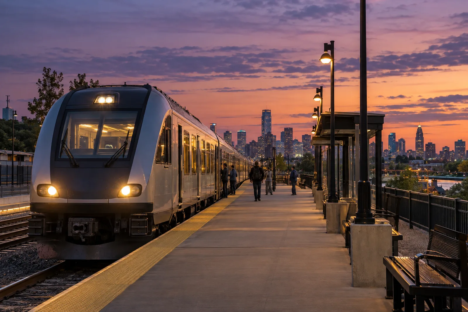 Edmonton's VIA Rail station platform at dusk, the last full-size city stop before the Rockies