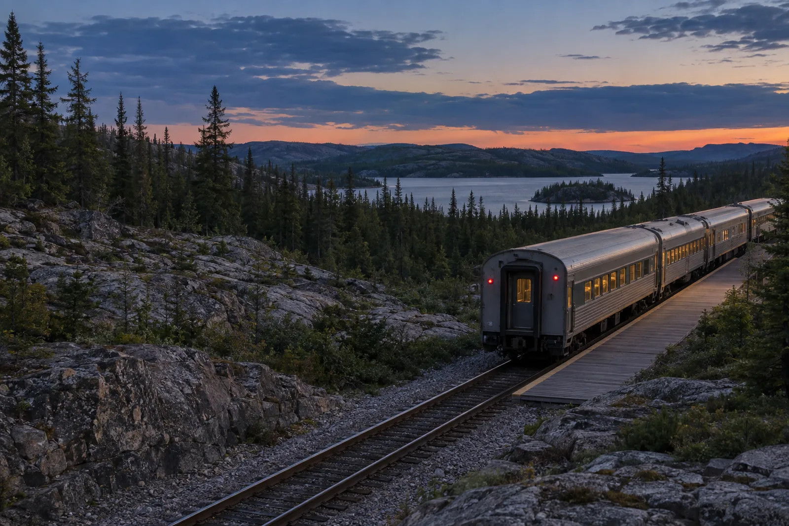 A remote VIA Rail flag-stop platform amid the Canadian Shield's exposed rock and boreal forest, dusk light, no town in sight
