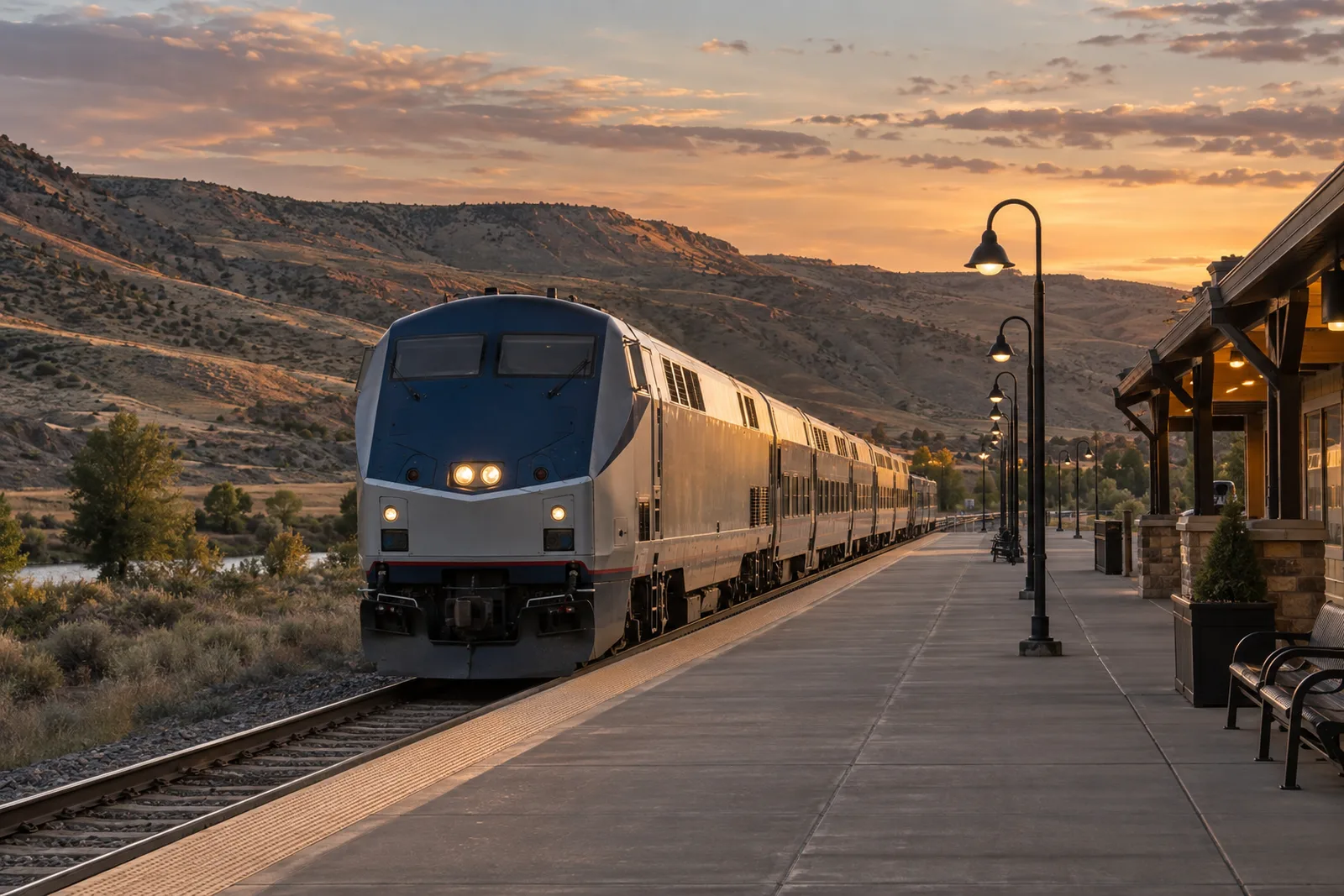 A VIA Rail station platform in a dry interior-BC valley at dusk, sagebrush hills rising behind the tracks