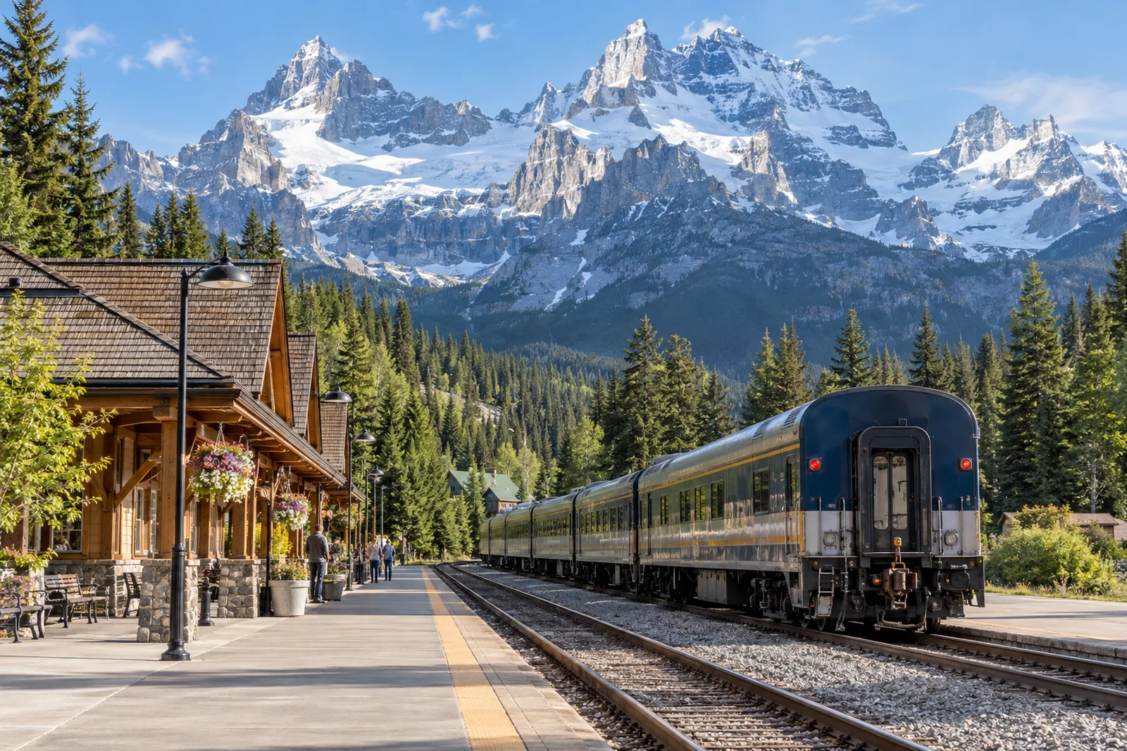 The Canadian easing into Jasper's walkable townsite station with snow-capped Rockies peaks rising directly behind the platform